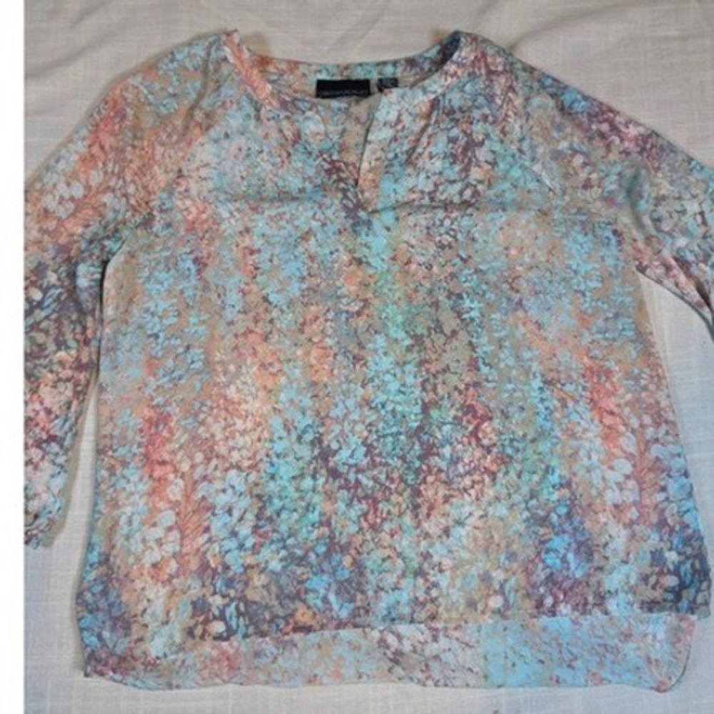 Cynthia Rowley Floral Sheer Blouse XS Blue Orange Split Neck High Low Top